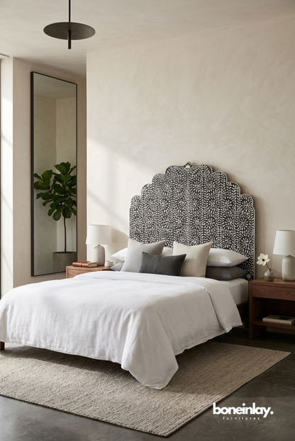 Handmade Bone Inlay Mehrab Bed Headboard displayed in a modern bedroom with white bedding and natural decor