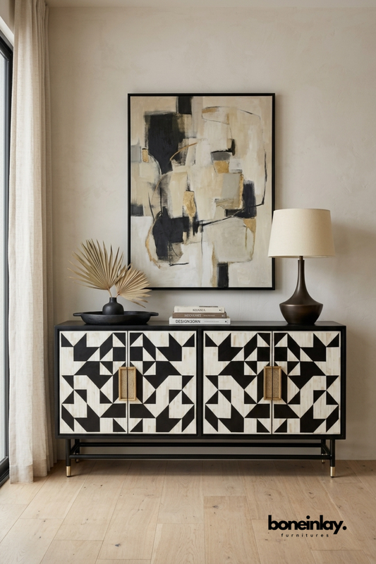 Elegant black and white geometric bone inlay sideboard with brass pull handles and tapered metal legs. Displayed against a neutral wall with abstract framed art, decorative lamp, and stacked books. Striking triangular pattern design adds bold contrast to modern living or dining rooms. A statement storage cabinet combining craftsmanship with contemporary style.