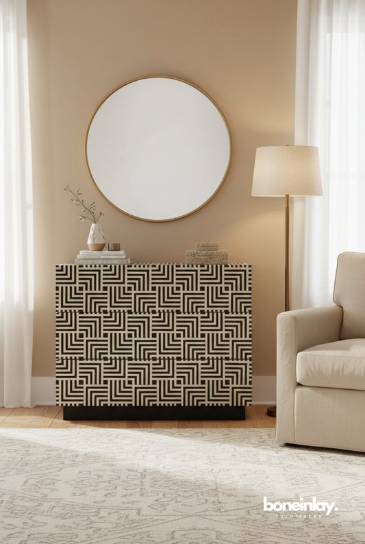 Handmade bone inlay mosaic three drawer dresser in black and white geometric pattern, styled in a modern living room