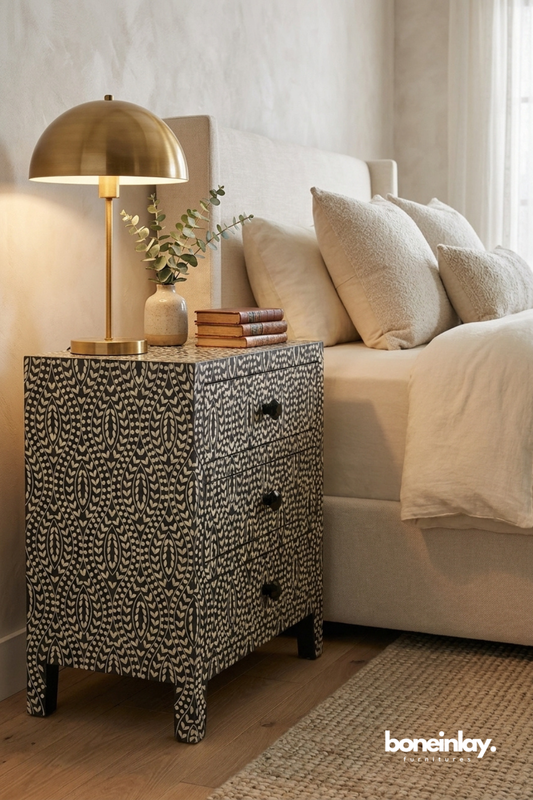 Black and White Leaf Pattern Bone Inlay Three Drawer Bedside Table with Decorative Knobs