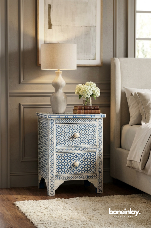 Blue and White Floral Geometric Bone Inlay Two Drawer Nightstand with Decorative Knobs