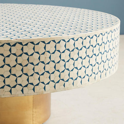Close-up view of the blue and white bone inlay occasional table, showing the handcrafted geometric inlay pattern across the circular tabletop with detailed blue and white surface work and the product’s Moroccan furniture character.