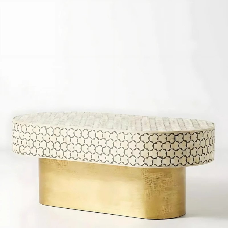 Handmade white bone inlay oval table with Moroccan pattern and charcoal contrast, centered front view showing its silhouette