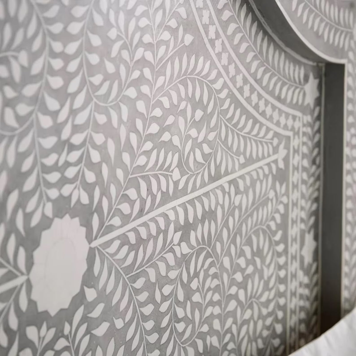 Handmade Grey Bone Inlay Platform Bed with Continuous Vine and Leaf Motif Covering Headboard and Side Rails