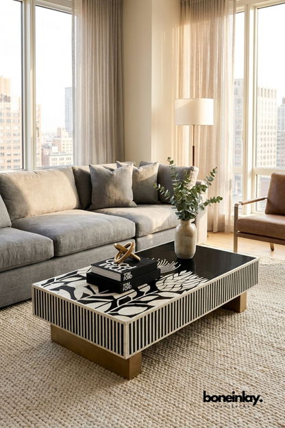 Black and white botanical print rectangular bone inlay coffee table, premium modern furniture for stylish UK living room decor.