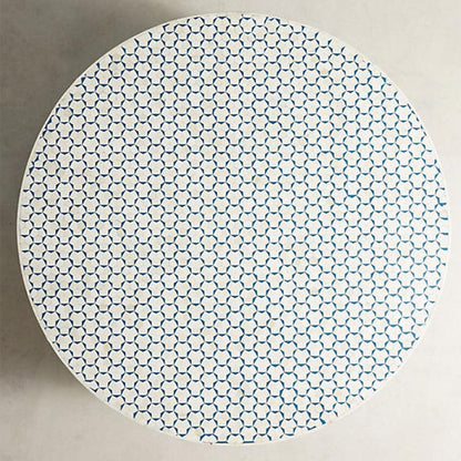 Top view of the blue and white bone inlay occasional table, showing the complete circular tabletop with its repeating geometric inlay pattern, handcrafted bone surface, and contrasting blue-and-white Moroccan design details.