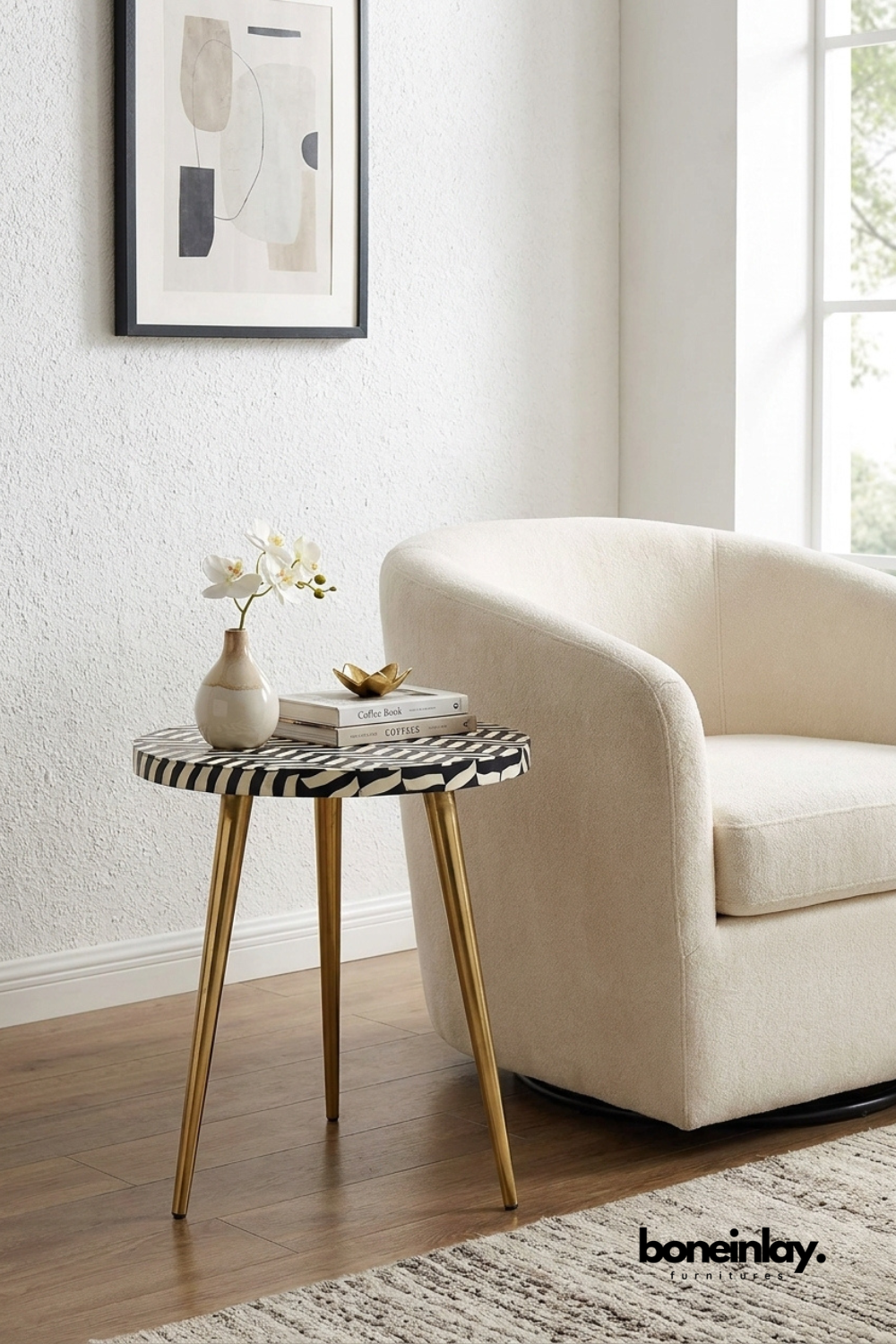 Black and white bone inlay round accent table with tripod brass legs, handcrafted geometric inlay tabletop, decorative side table for living room or bedroom.