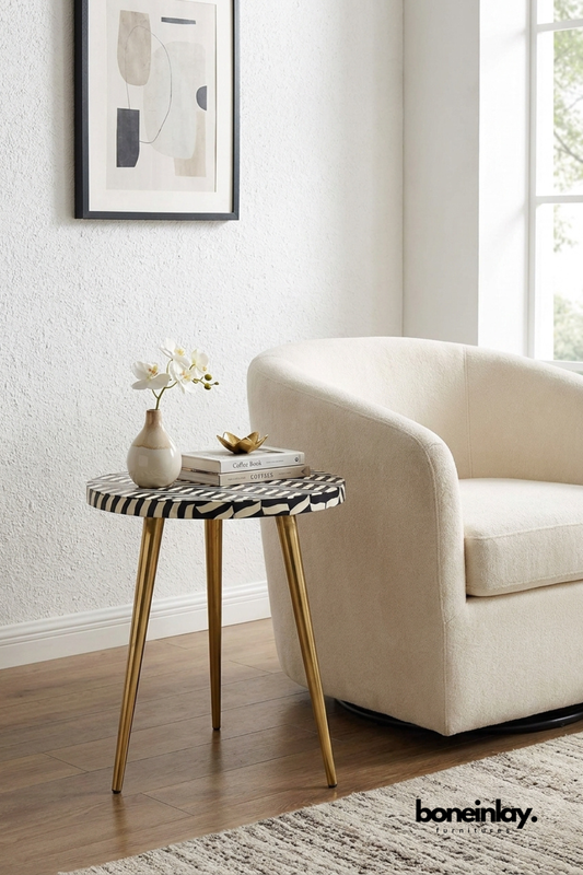 Black and white bone inlay round accent table with tripod brass legs, handcrafted geometric inlay tabletop, decorative side table for living room or bedroom.