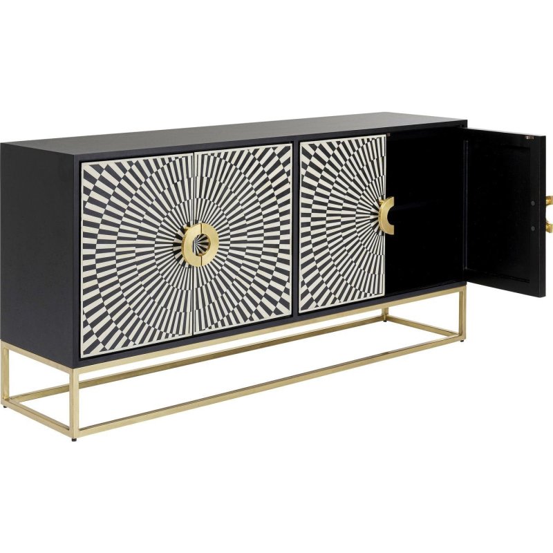 Handmade bone inlay sideboard cabinet with bold black and white starburst geometric pattern, brass ring pulls, and gold open frame metal base