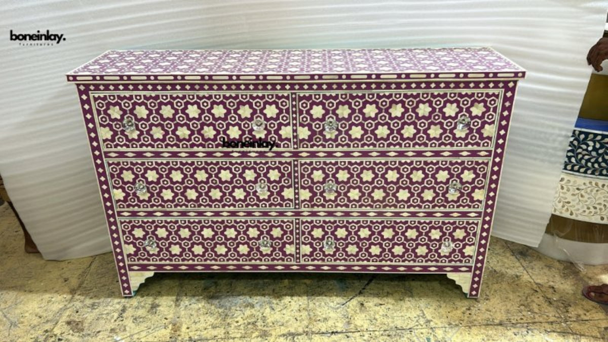 Handmade purple bone inlay six-drawer dresser with star mosaic pattern and crystal drawer pulls