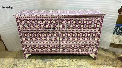 Handmade purple bone inlay six-drawer dresser with star mosaic pattern and crystal drawer pulls