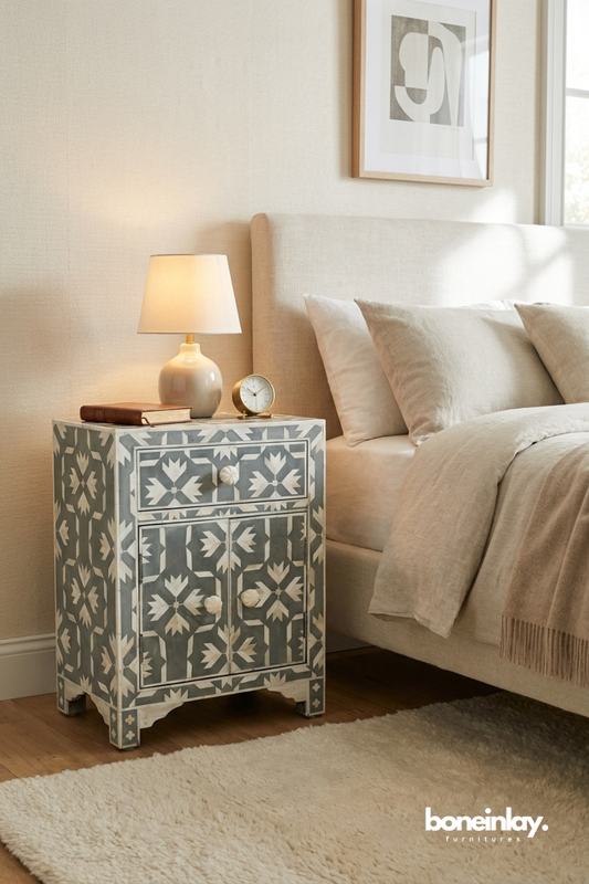Grey Bone Inlay Snowflake Pattern Bedside Cabinet with Drawer and Door
