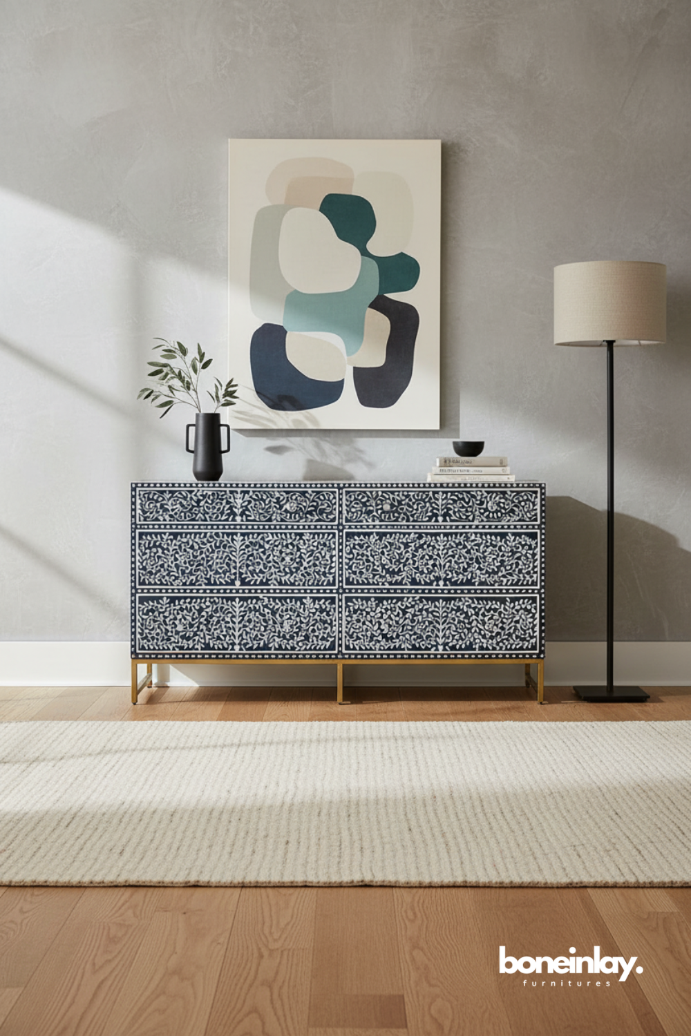 Navy Blue Floral Bone Inlay Double Dresser with Brass Base
