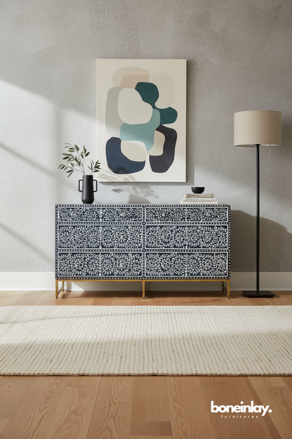 Navy Blue Floral Bone Inlay Double Dresser with Brass Base