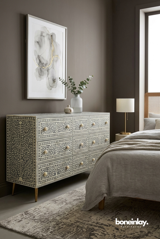 Grey and White Bone Inlay 9 Drawer Dresser for Modern Bedroom Storage Furniture