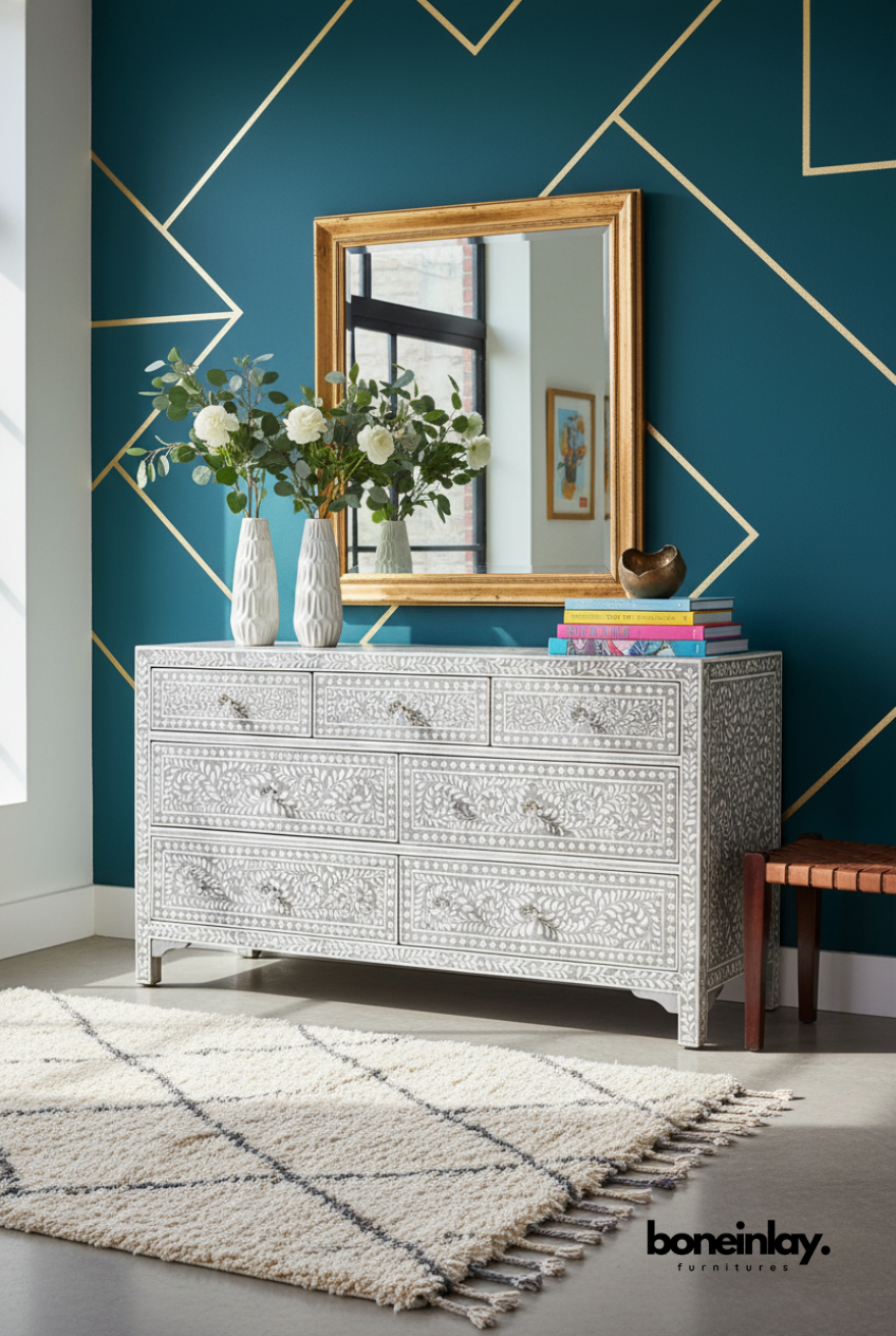 Grey floral bone inlay dresser, 7-drawer handcrafted luxury furniture, bespoke home decor.