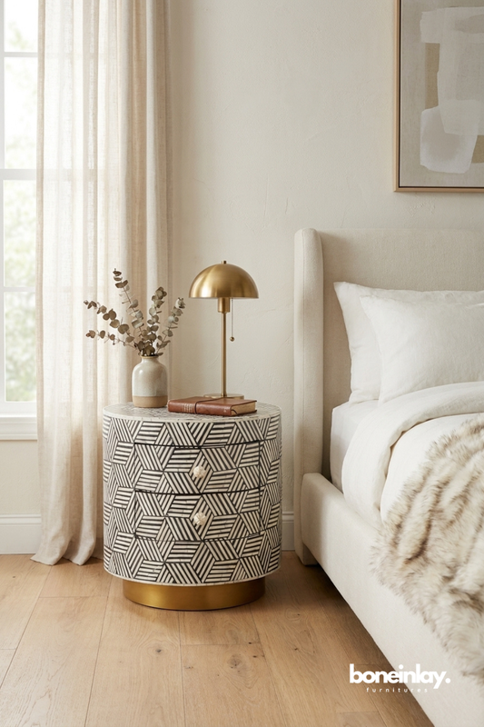 Black and White Geometric Bone Inlay Round Bedside Cabinet with Brass Base