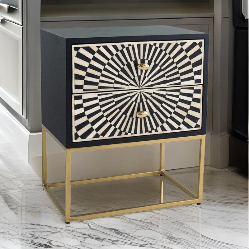 Handmade bone inlay sunrise design two drawer nightstand with intricate hand-carved bone sunburst pattern and brass drawer pulls