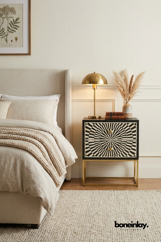 Black and White Bone Inlay Two Drawer Bedside Table with Sunburst Geometric Pattern and Brass Base