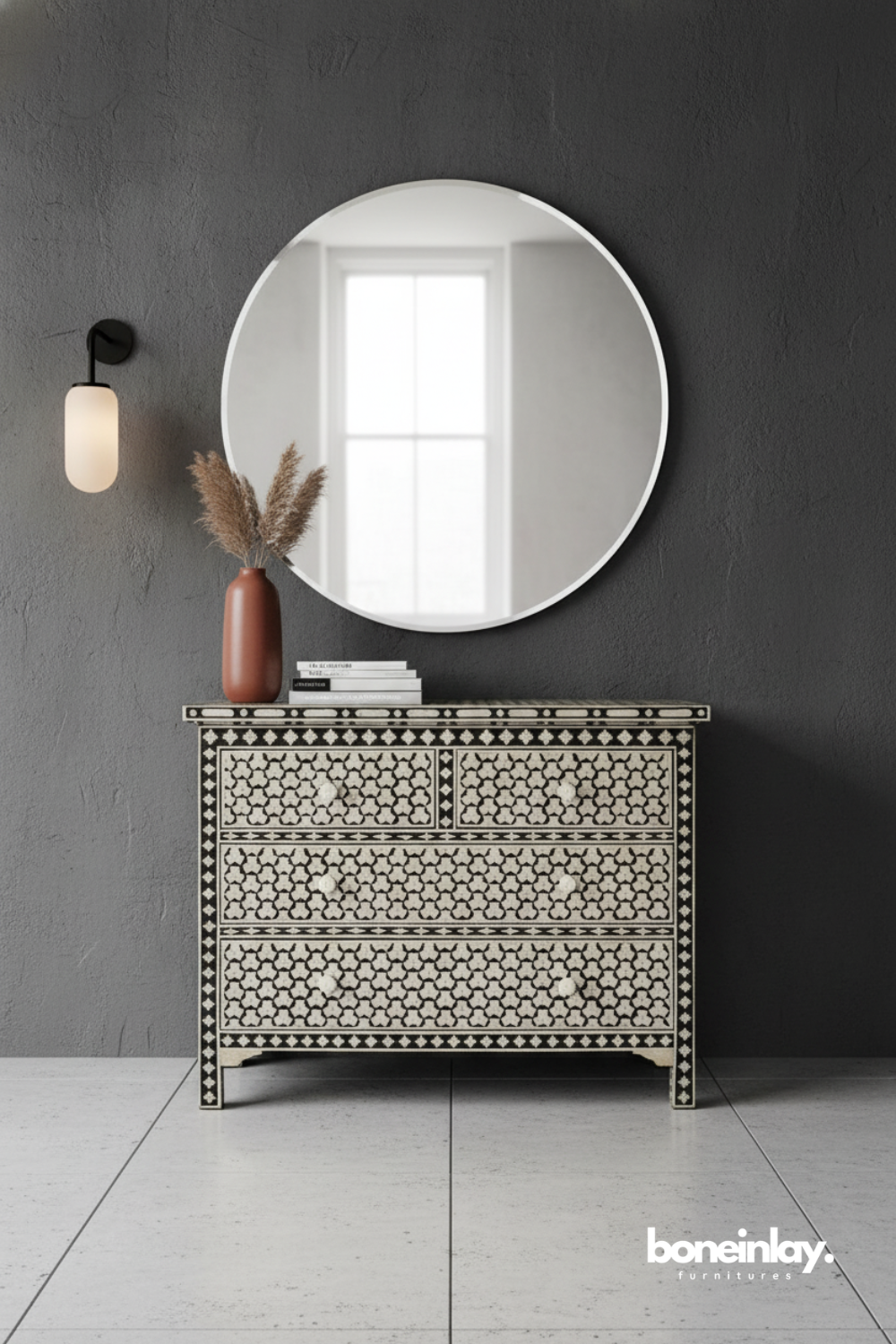 Black Moroccan Pattern Bone Inlay Chest of Drawers