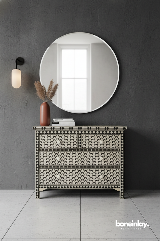 Black Moroccan Pattern Bone Inlay Chest of Drawers