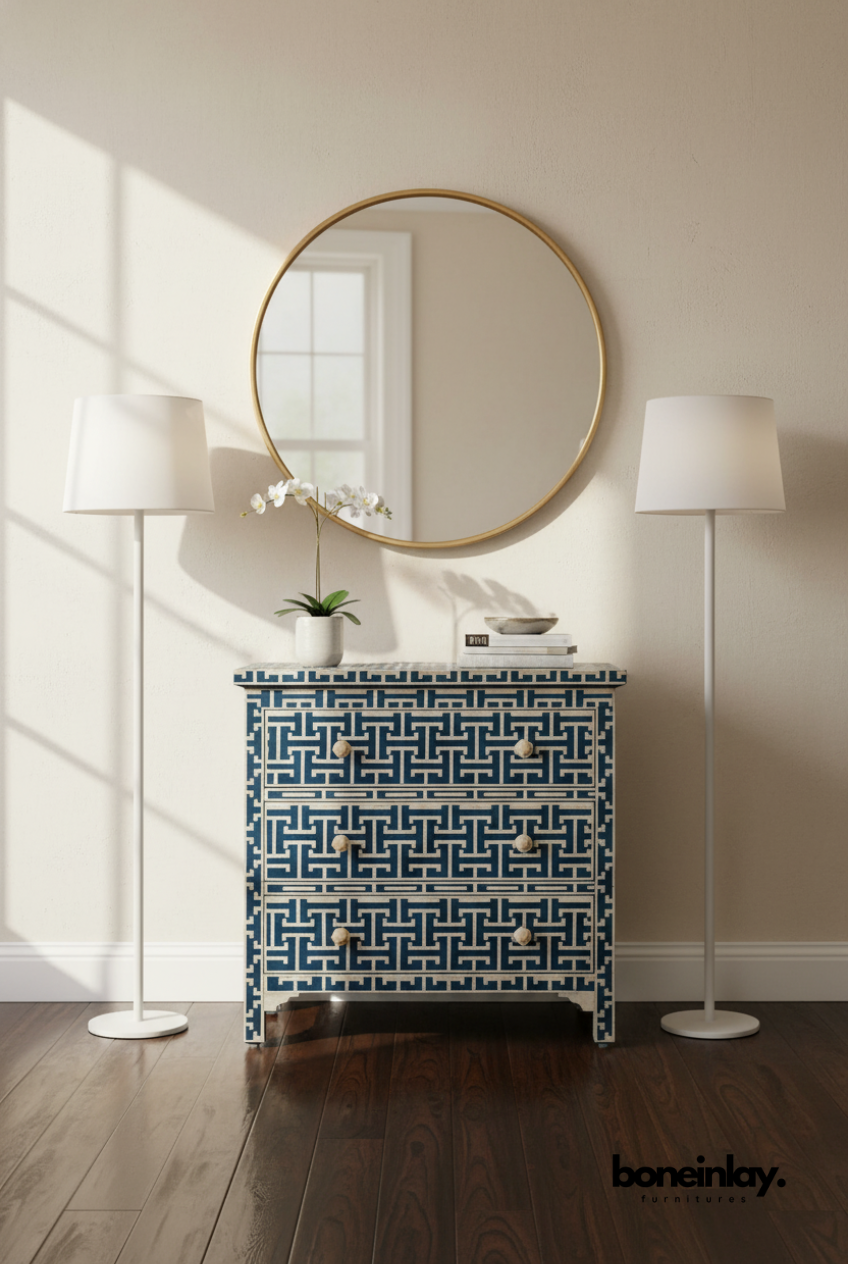 Blue Greek Key Bone Inlay Chest Styled with Minimalist Luxury Decor