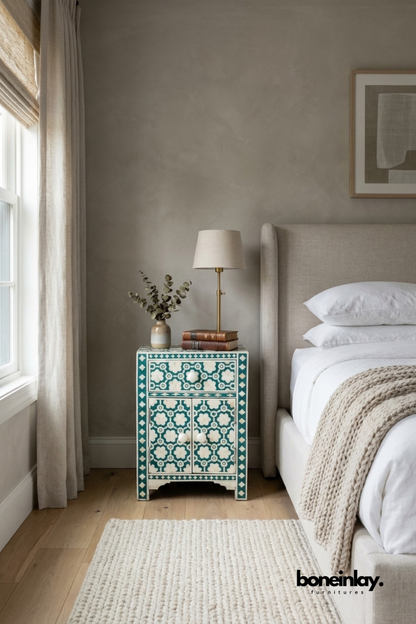 Turquoise Bone Inlay Floral Bedside Cabinet with Drawer and Double Door Storage