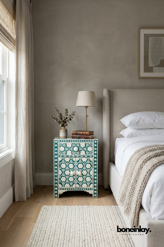Turquoise Bone Inlay Floral Bedside Cabinet with Drawer and Double Door Storage