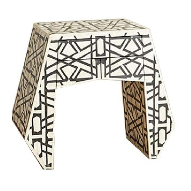 Handmade bone inlay accent table in black and white, featuring a trapezoidal form, linear maze pattern, and central drawer for compact storage.