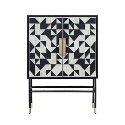 Two-door bone inlay bar cabinet with bold black and white triangular mosaic pattern, black metal base with crossbar stretcher, and brushed gold rectangular handle on white background