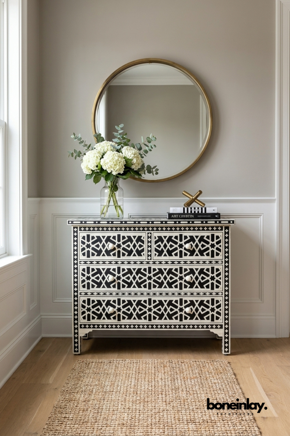 Black and white bone inlay three drawer dresser featuring geometric handcrafted inlay pattern, decorative drawer fronts, and elegant bedroom storage cabinet.