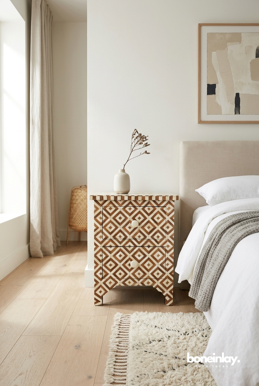 Handmade Bone Inlay Two Drawer Nightstand with Diamond Geometric Pattern and Round White Knobs