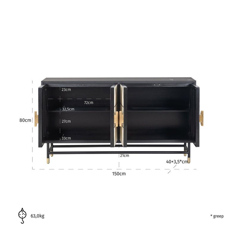Dimension chart for bone inlay four-door sideboard showing interior shelf spacing, 150cm width, 80cm height, 40cm depth and 63kg weight