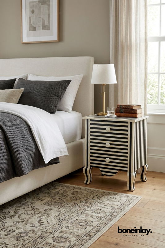 Black and White Striped Bone Inlay Three Drawer Nightstand with Curved Cabriole Legs