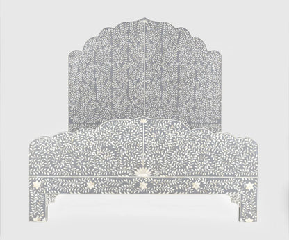 Front view of a king-size grey and white floral bone inlay bed with a scalloped crown headboard and footboard against a white background.