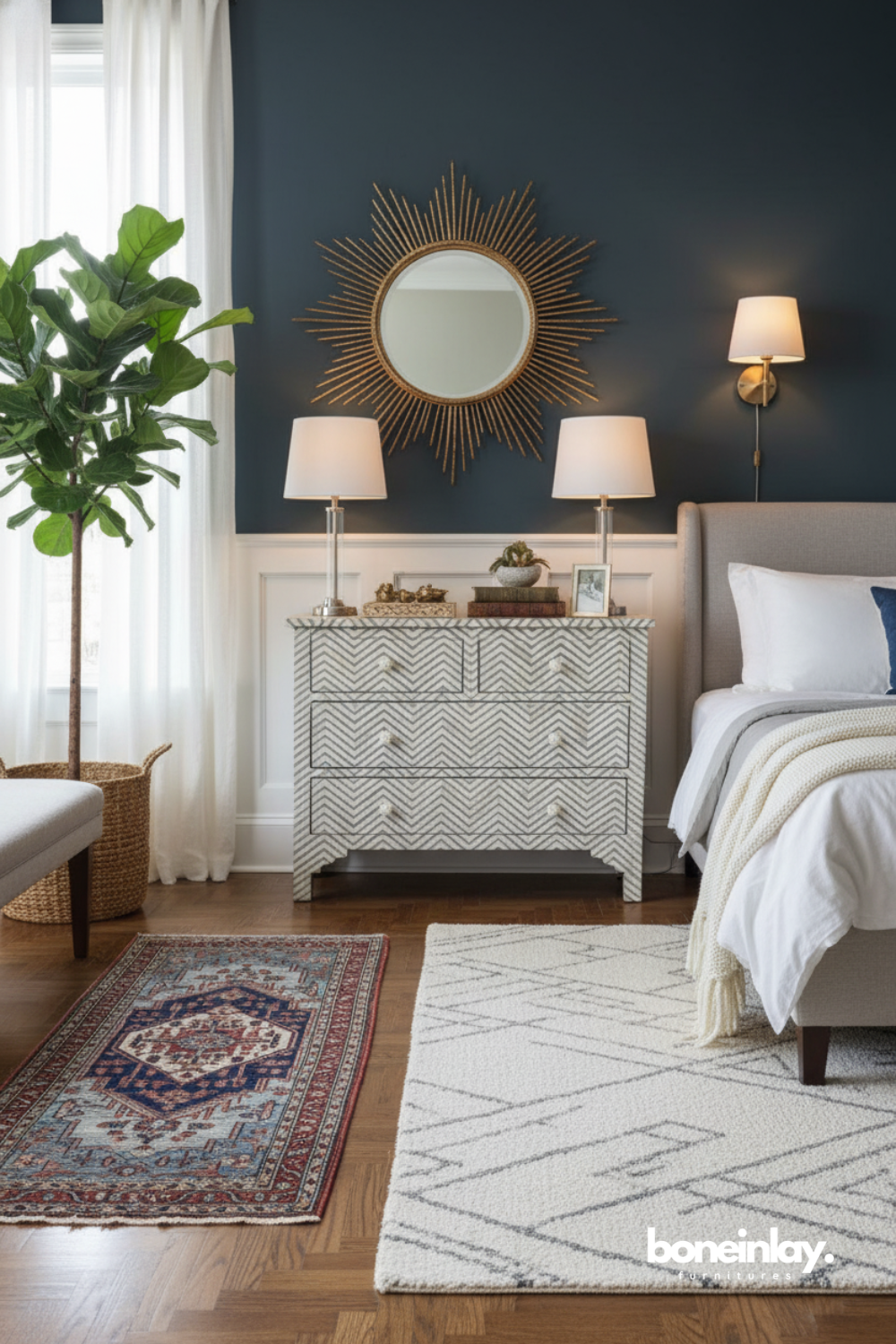Grey Chevron Bone Inlay Bedside Table with 4 Drawers