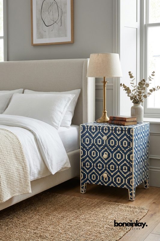 Blue Geometric Bone Inlay Three Drawer Bedside Table with Handcrafted Diamond Pattern