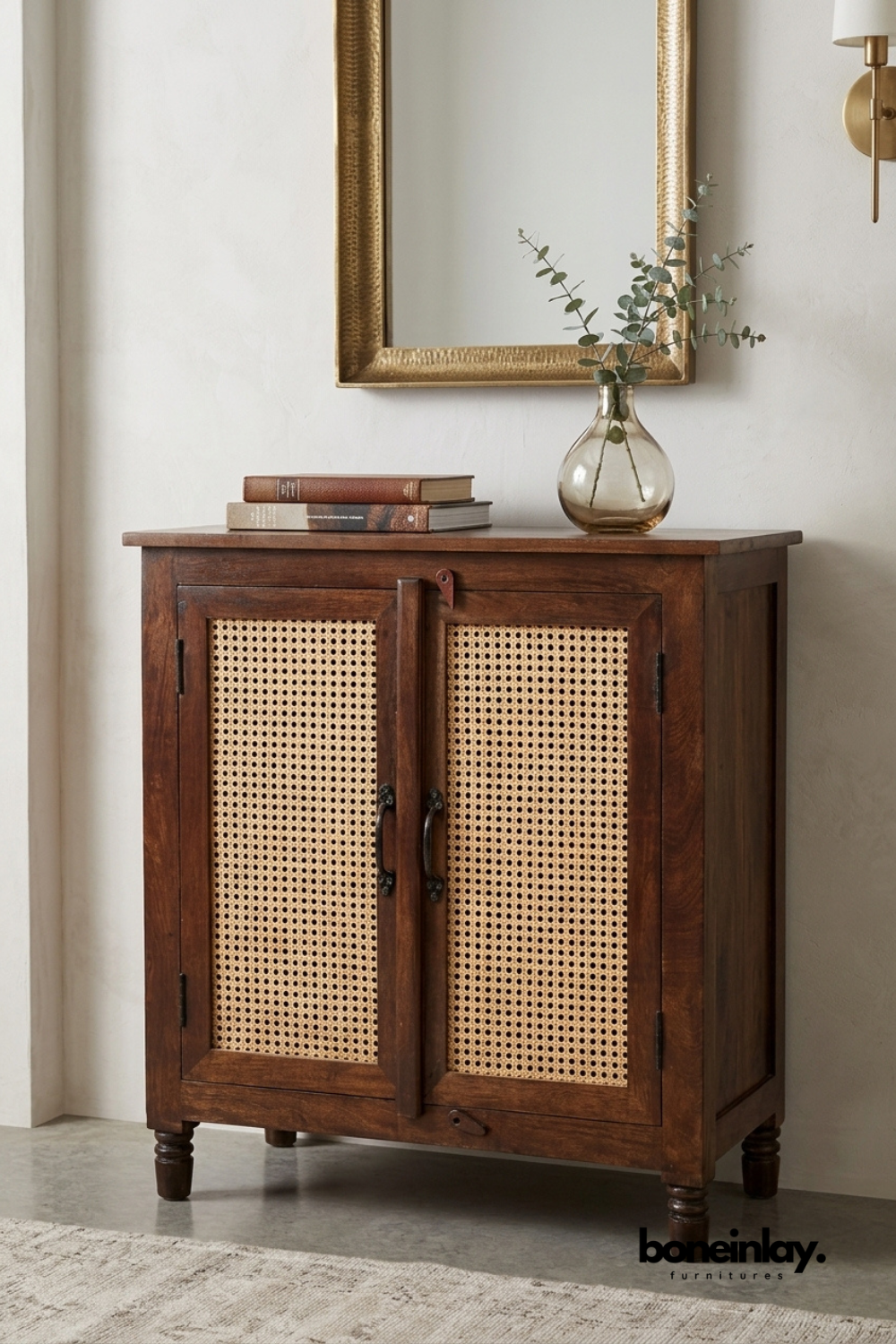 Wooden Cane Accent Cabinet with Rattan Doors, Mid Century Modern Storage Cabinet, Natural Wood Sideboard Furniture