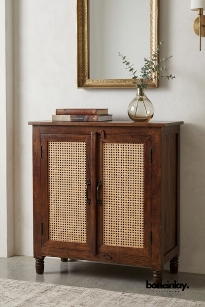 Wooden Cane Accent Cabinet with Rattan Doors, Mid Century Modern Storage Cabinet, Natural Wood Sideboard Furniture