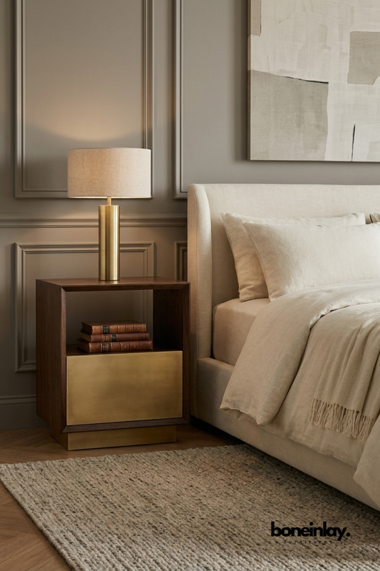 Walnut Wood One Drawer Bedside Table with Brass Drawer Front and Open Shelf