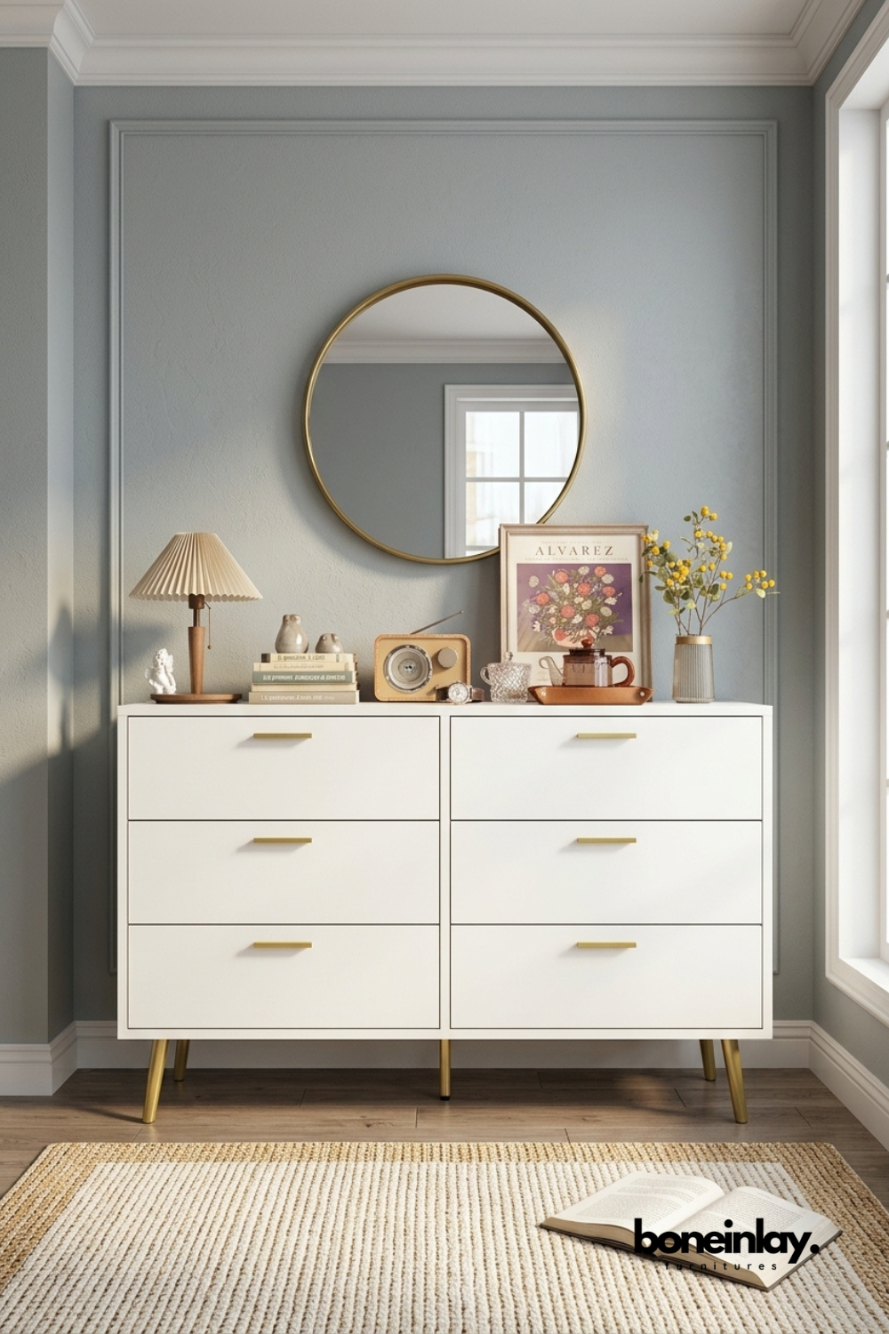 Modern white six drawer dresser featuring clean minimalist design, brass handles, tapered brass legs, and spacious contemporary bedroom storage furniture.