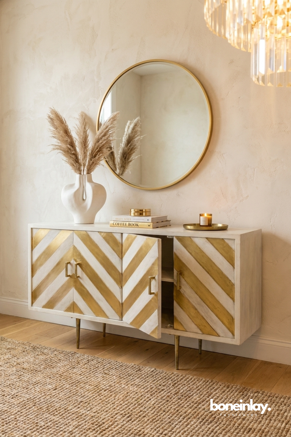 White and gold chevron pattern sideboard cabinet with brass legs and modern storage design