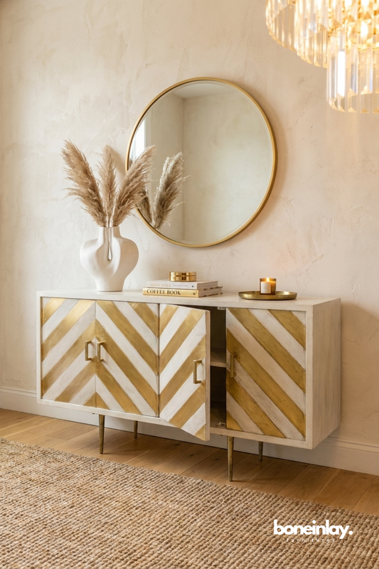 White and gold chevron pattern sideboard cabinet with brass legs and modern storage design