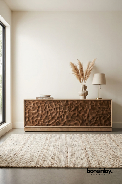 Textured hand-carved dark wood  Media Console .