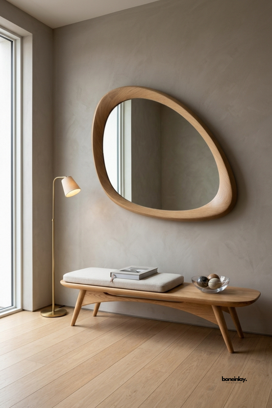 Handcrafted organic teardrop-shaped solid oak wall mirror featuring fluid asymmetrical contours and natural light wood graining. Styled above a matching curved entry bench with a brass floor lamp in a warm minimalist foyer, this sculptural accent mirror brings modern Scandinavian charm and natural light to home interiors.