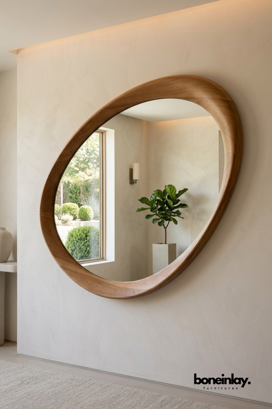 Sculptural walnut wood-framed wall mirror featuring a free-form organic silhouette and smooth curved edges. Rich wood grain and asymmetrical shape create a modern artistic focal point. Styled above a console table against a soft plaster wall with a fiddle leaf fig reflection. A striking statement mirror for entryways, hallways, and contemporary living spaces.