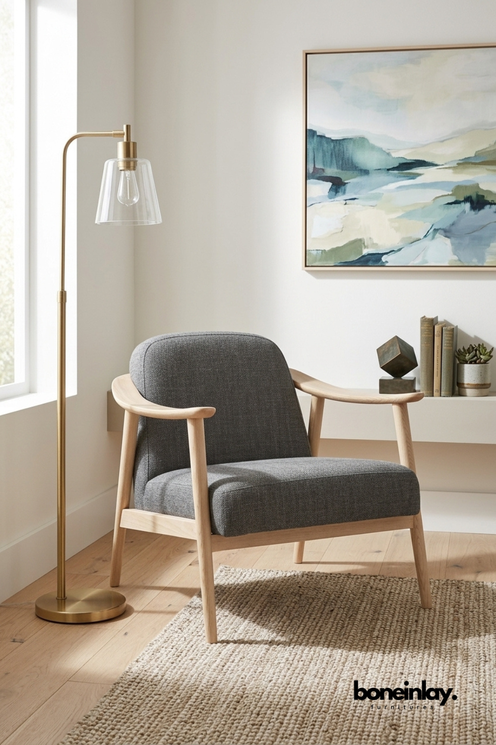 Modern upholstered accent chair with charcoal grey fabric seat, solid oak wood frame, curved armrests, and Scandinavian minimalist design for living room, reading nook, or office.