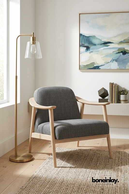 Modern upholstered accent chair with charcoal grey fabric seat, solid oak wood frame, curved armrests, and Scandinavian minimalist design for living room, reading nook, or office.