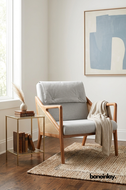 Modern lounge chair with solid wood frame, woven cane side panels, soft light grey upholstered cushions, and Scandinavian inspired design for contemporary living room, reading nook, or bedroom seating.