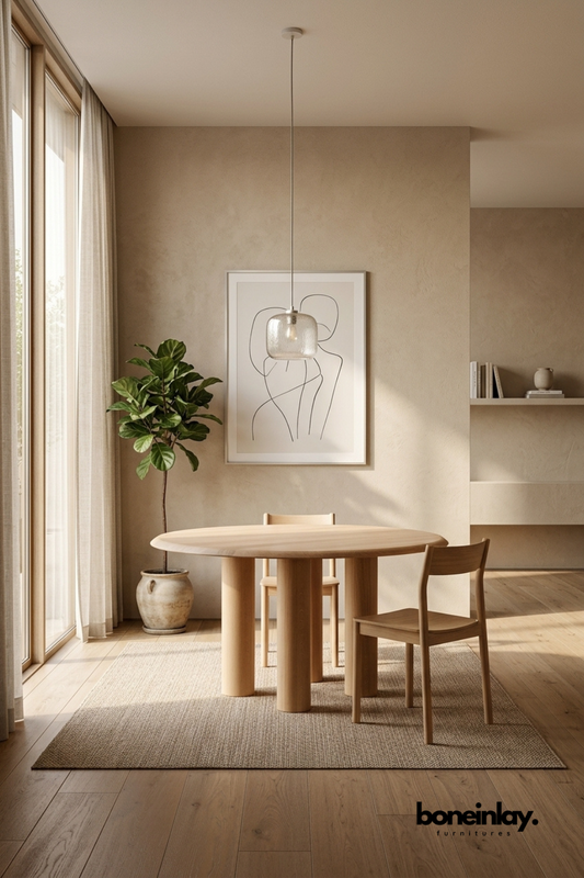 Round light wood Designer dining table with a minimalist design.
Multiple columnar wood legs form a sculptural base.
Paired with matching solid wood dining chairs.
Set in a warm, sunlit dining space with a glass pendant light.